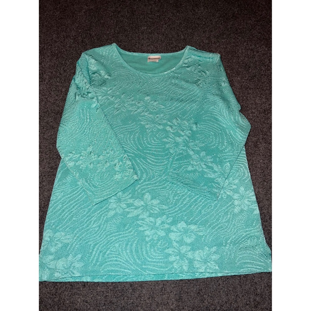 BonWorth Womens Medium Teal Green Textured Floral Swirl Long Sleeve Top F36326